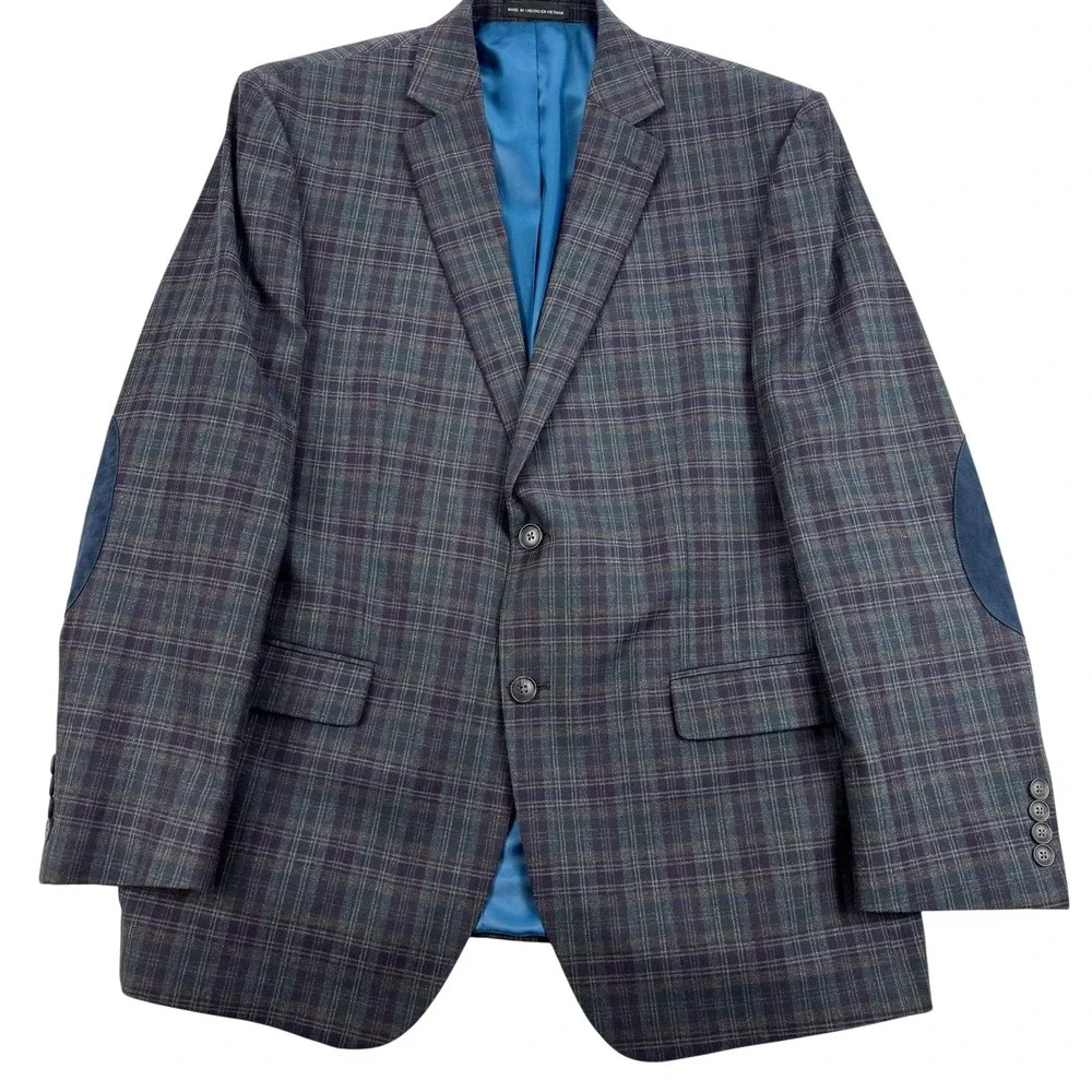 Perry Ellis Portfolio Blazer Mens 44R Gray Plaid Cotton Elbow Patch Sport Coat